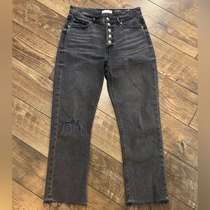 LOFT High Waist Button Fly Straight Cropped Black Distressed Denim Jeans